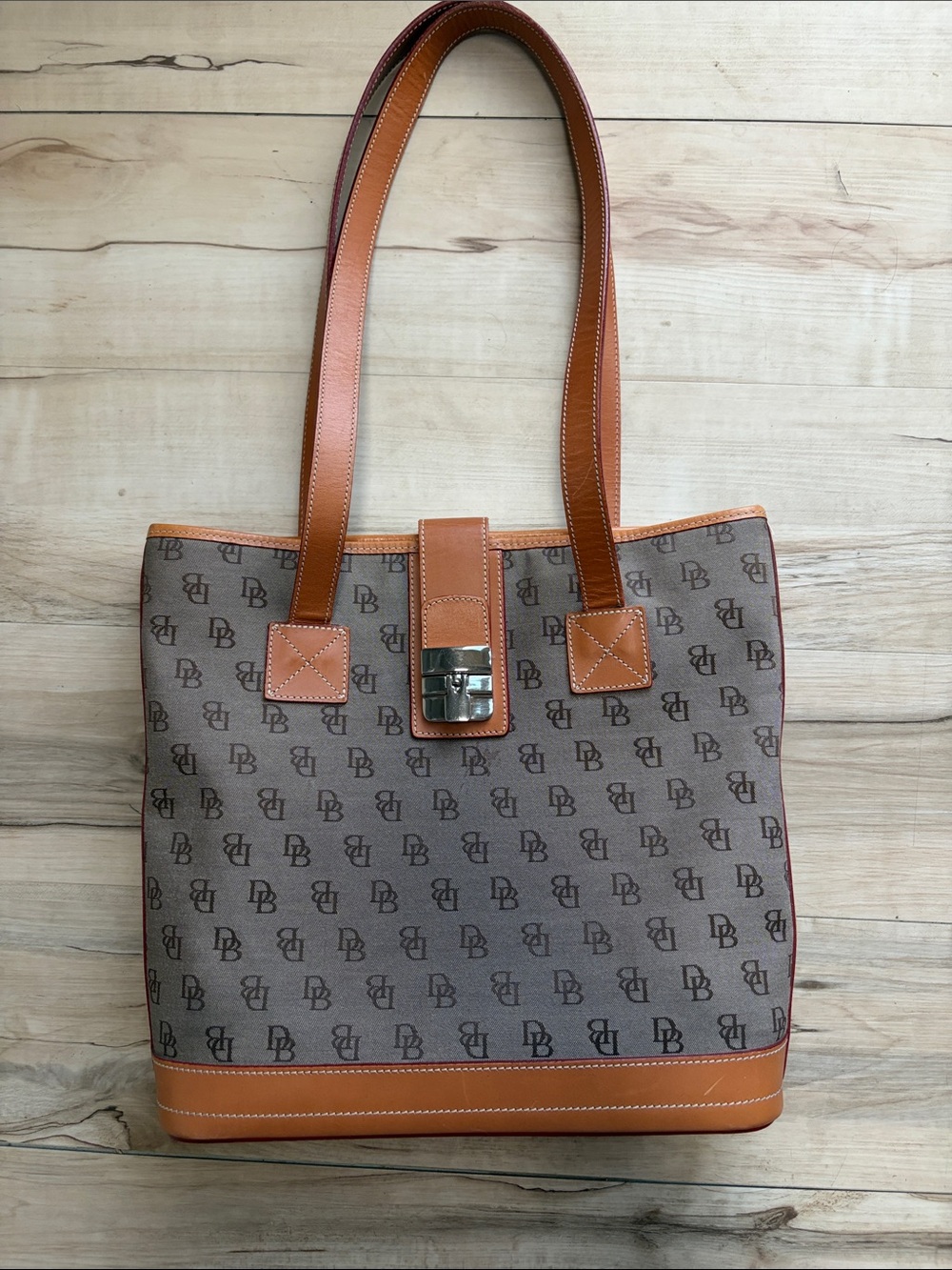Dooney & Bourke Brown Monogram Tote with Tan Leather Trim - Picture 3 of 11